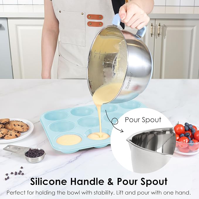 Stainless Steel Mixing Bowls Set with Lids,1.5,3 & 5 Qt,Light Blue | Non-Slip Silicone Base,Precision Pour Spout,Ergonomic Easy-Grip Handle,Measurement Marks,Airtight Lids,Cooking & Meal Prep - Image 4