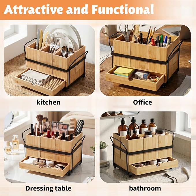 Qunclay Wooden Silverware Caddy with Drawer, Paper Plate Organizer Holder Dispenser for Party, Utensil Cutlery and Flatware Holder with 4 Compartments for Forks, Spoons, Napkins, Kitchen Countertop - Image 5