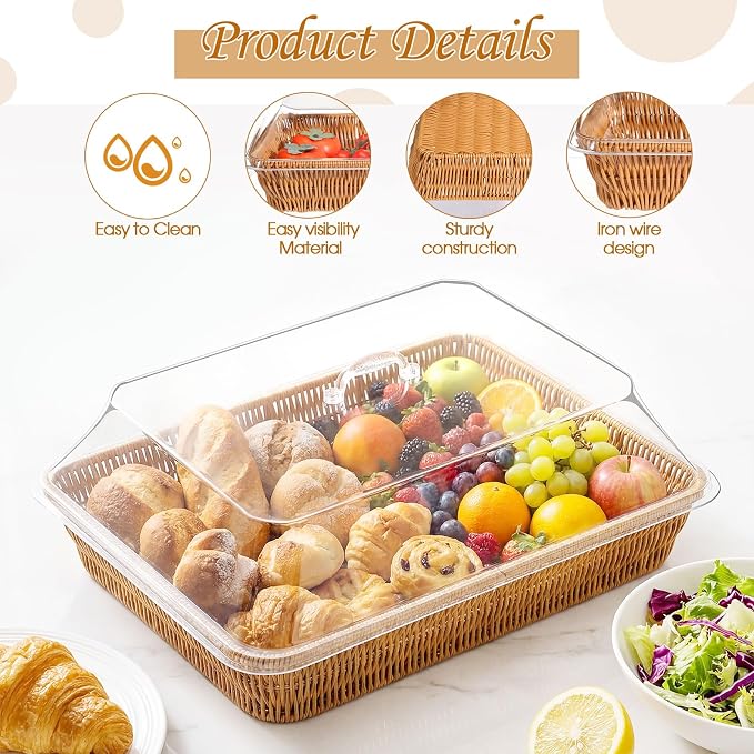 2 Set Wicker Bread Basket for Serving with Acrylic Lid Cover Imitation Rattan Bread Basket Woven for Fruit Summer Picnic BBQ Pool Party Outdoor Housewarming Gift(17.72" X 13.78") - Image 4
