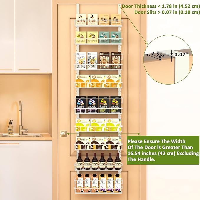 Churboro 9 Tier Over Door Pantry Organizer, 2-in-1 Adjustable Spice Rack | Metal Pantry Door Organizers and Storage, Hanging or Wall Mount Shelves with 9 Adjustable Baskets, 3 Safety Bars, White - Image 3