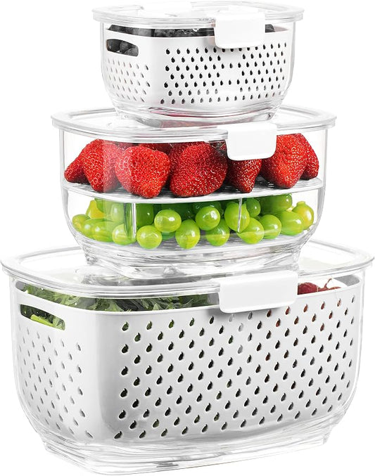 LUXEAR Fresh Produce Vegetable Fruit Storage Containers 3Piece Set, BPA-free, Partitioned Salad Container, Fridge Organizers, Used in Storing Fruits Vegetables, White by Luxear