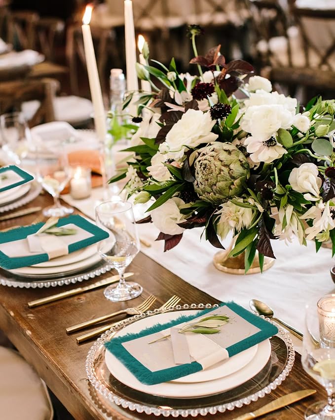 36 Pack Teal Cotton Linen Napkins 16 x 16 Inch Teal Napkins Cloth Handmade with Fringe Soft Cloth Napkin Washable Rustic Dinner Napkin for Wedding Party Dinner Table - Image 3