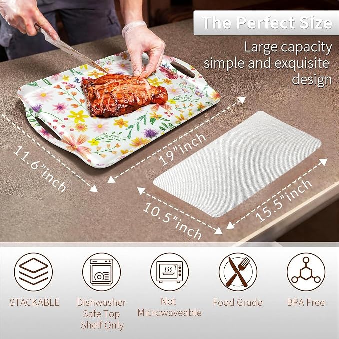 Extra Large Melamine Platters, Serving Tray with Handles for Cookie, Cupcakes, Desserts, Dishwasher Safe, Ottoman Tray Decor, Set of 2, 2 pcs Mats Included (Cottagecore Flower, 19''x11.6'') - Image 2