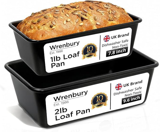 Wrenbury Non Stick Loaf Pan Set, 8 x 4 inch / 9.5 x 5.75 Inch Bread Pan | High Performance 2-Piece 1lb & 2lb Bread Loaf Pan, Nonstick Carbon Steel Bakeware Baking Pan, Set of 2 by Wrenbury