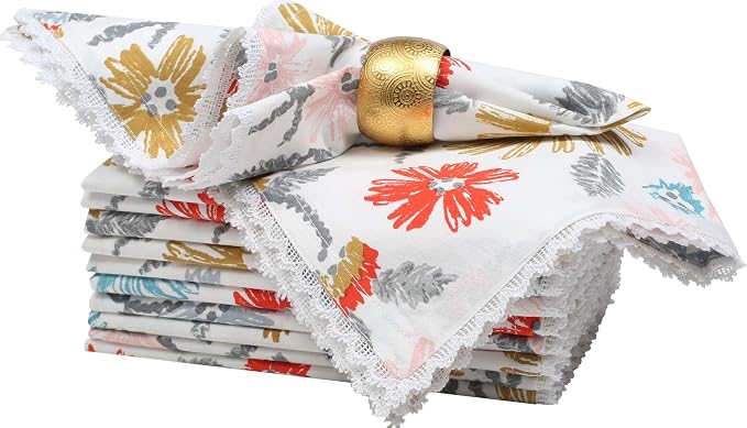 Bedding Craft Cloth Dinner Napkins Set of 12 – 18x18 Multicolor Lace Print – Durable Stylish Fabric Napkins Perfect for Dining, Weddings & Table Décor by BeddingCraft