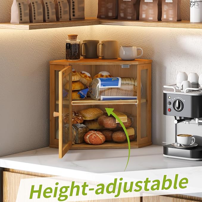 BMOSU Corner Bread Box for Kitchen Countertop Double Layer Bamboo Wooden Bread box Large Capacity Bread Storage Bin(Natural, Medium) - Image 5