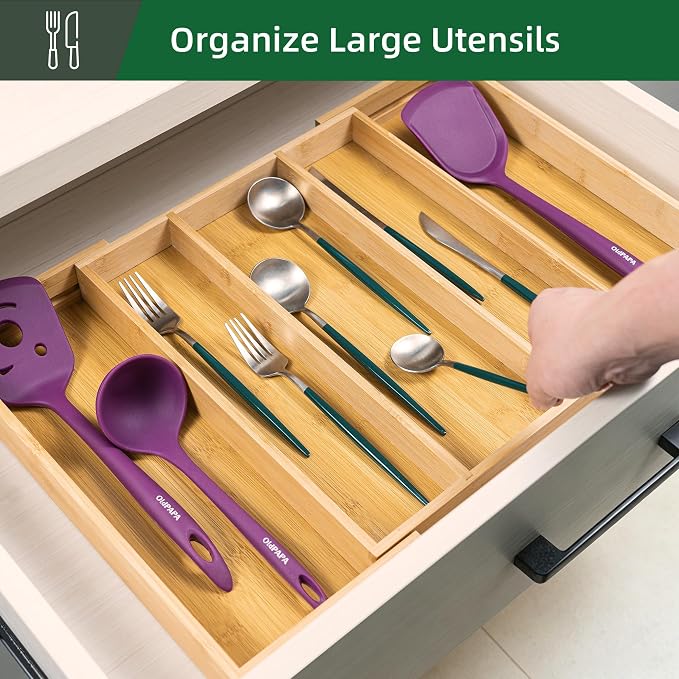 Utoplike Drawer Organizer Kitchen Utensils, Expandable Bamboo Cutlery Tray | Extendable Silverware Holder for Drawer, Flatware Caddy for Organized Kitchen, Apartment and RV, 3-5 Slots - Image 2