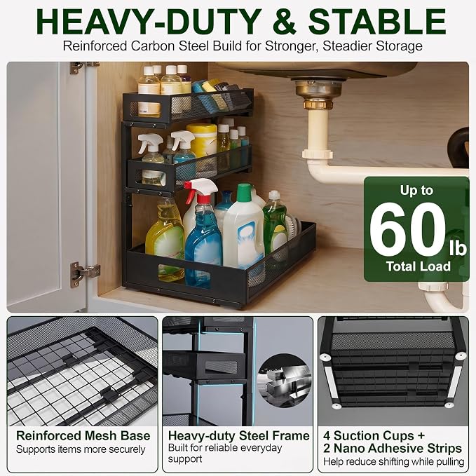 3 Tier Under Sink Organizer,1 Pack Pull Out Cabinet Shelves with Adjustable Height,Heavy Duty Carbon Steel L-Shaped Storage for Kitchen Bathroom Sink,Pantry & Laundry,Black - Image 3