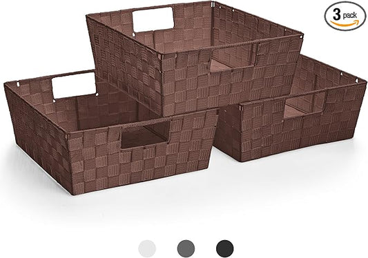 Sorbus Set of 3 Large Woven Storage Baskets – Mesh Hand-Woven Baskets for Organizing, Fabric Storage Bins for Linen Closet Organizer, Storage Baskets for Shelves and Home Organization (Chocolate) by Sorbus
