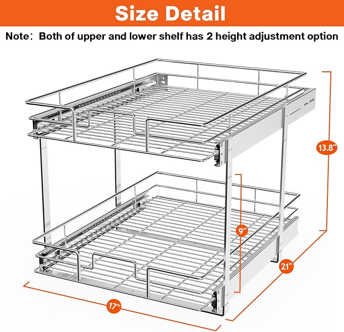 ROOMTEC Individual Pull Out Cabinet Organizer (17"W x 21"D), 2 Tier Spice Rack Organizer for Cabinet, Slide Out Drawer Pantry Shelf Organization and Storage for Kitchen Bathroom - Image 3