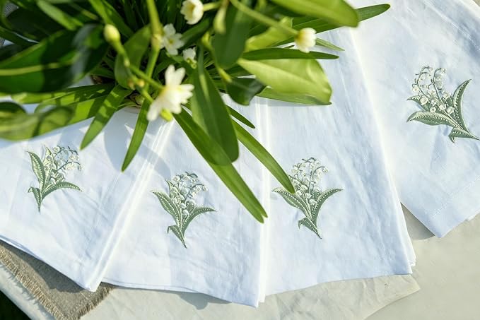 White Linen Napkins Set of 4-100% Pure Linen Embroidered Dinner Napkins 19 x 19 Inch for Spring, Summer Memorial Day - Botanical Embroidery (Lily Garden Collection) - Image 5