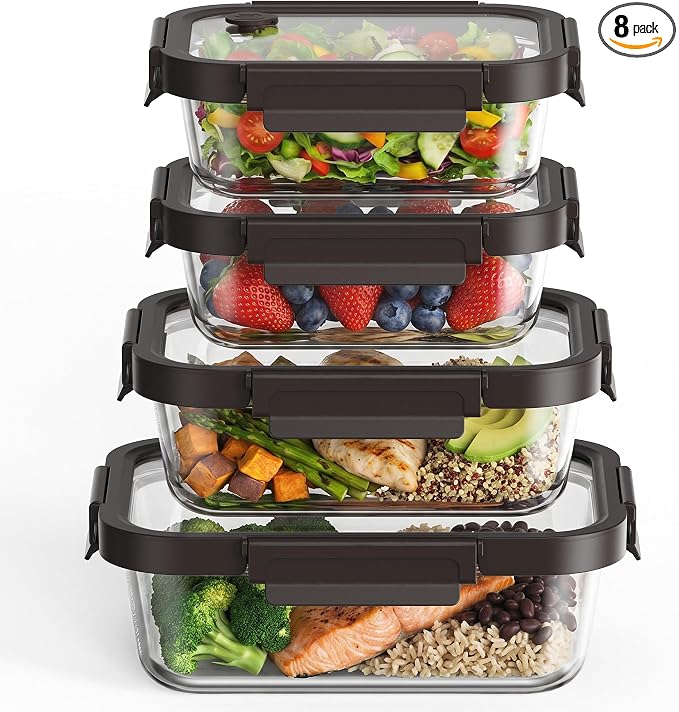 Glass Meal Prep Containers with Glass Lids, 4 Pack Airtight Glass Food Storage Containers, Borosilicate Glass Lunch Containers for Healthy Meal Prep, Microwave Oven Dishwasher Safe, BPA Free by GENICOOK