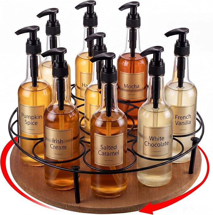 1 Pcs 9 Bottles Rotating Coffee Syrup Organizer, Large S Syrup Rack Carbon Steel Frame with Wooden Base Bottle Holder Stand for Coffee Bar Station, Turntable Wine Display Tray by Unknown
