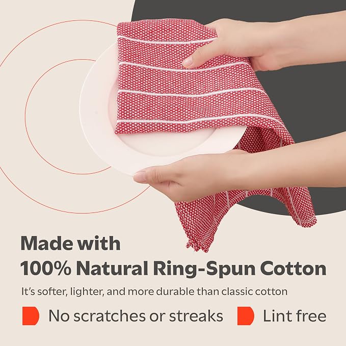 Zeppoli Classic Kitchen Towels - 6 Pack 100% Natural Cotton Towel Set, Reusable Wash Cloths, Absorbent Dish Towels, Machine Washable Hand Towels, Kitchen Essentials, 20� x 28� - Red VAR - Image 3