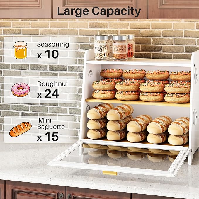 SNTD Airtight Bread Box for Kitchen Countertop, Bamboo Cutting Board, White | Adjustable Vent Hole, Sorted Storage, Natural Wood, Magnetic See-through Door, Metal Frame, Homemade Bread Storage Container - Image 8