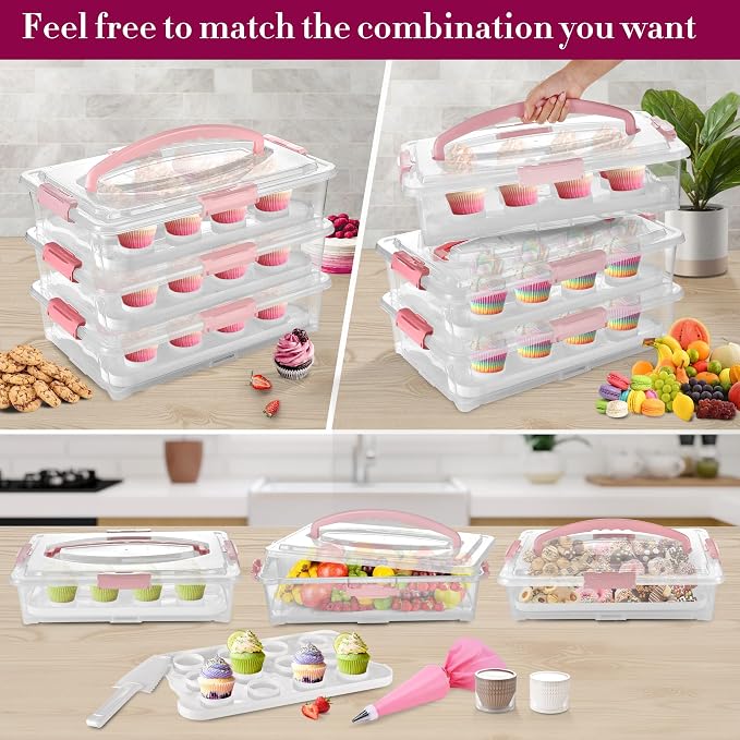 ARC 3-tiers Cupcake Carrier (Pink) - Cupcake Holder and Cake Transport Container that Holds up to 36 Cupcakes or 3 Large Cakes - BPA-Free, Great for Parties & Festivals - Image 3