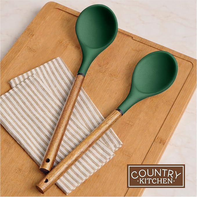 Country Kitchen Non Stick Silicone Utensil Set with Rounded Wood Handles for Cooking and Baking, 8 Piece Set, Green - Image 7