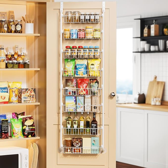 Delamu Over The Door Pantry Organizer, 8-Tier Metal Pantry Door Organization and Storage for Easy Install, Hanging Spice Rack Seasoning Shelves, Door Organizer for Kitchen, 4.65"D x 18"W x 65"H, White by DELAMU