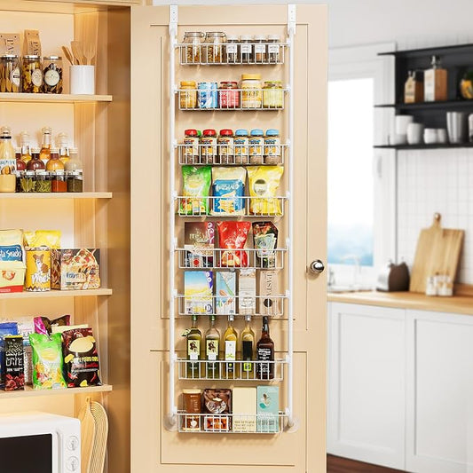 Delamu Over The Door Pantry Organizer, 8-Tier Metal Pantry Door Organization and Storage for Easy Install, Hanging Spice Rack Seasoning Shelves, Door Organizer for Kitchen, 4.65"D x 18"W x 65"H, White by DELAMU