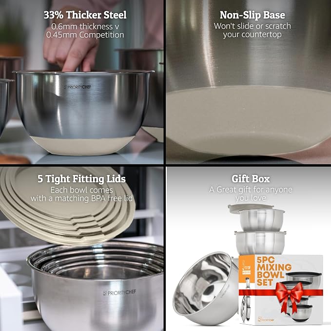 Premium Mixing Bowls With Lids Set, Airtight Lids, Thicker Stainless Steel, Non-Slip Base, 5 Nesting Steel Bowls for Kitchen, Large Prep Metal Bowl Set 1.5/2/3/4/5 Qt, Khaki - Image 2