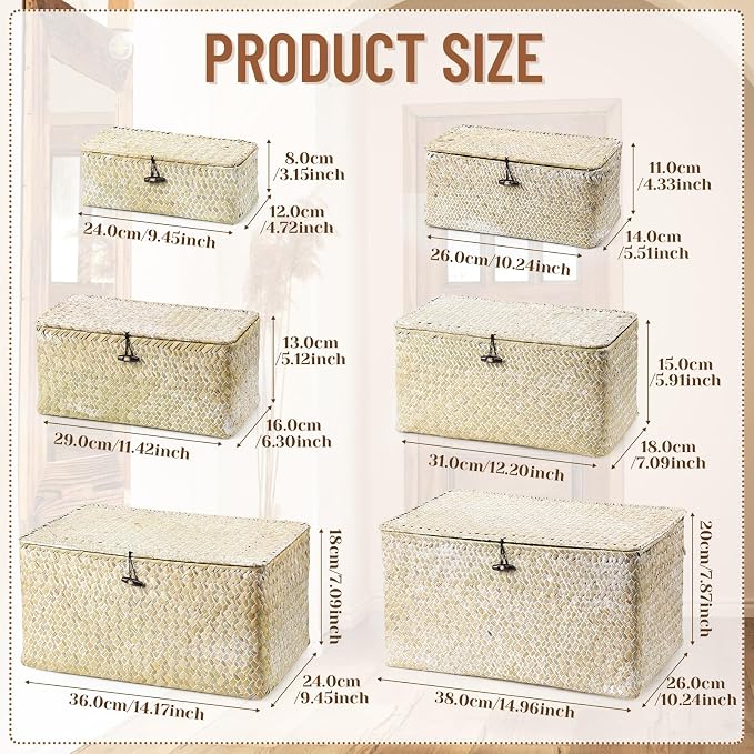 6 Pcs Seagrass Basket with Lid Wicker Storage Decorative Boxes with Lids Bin Woven Organizer for Shelf Closet Bedroom, 6 Sizes(Classic Style,White) - Image 2