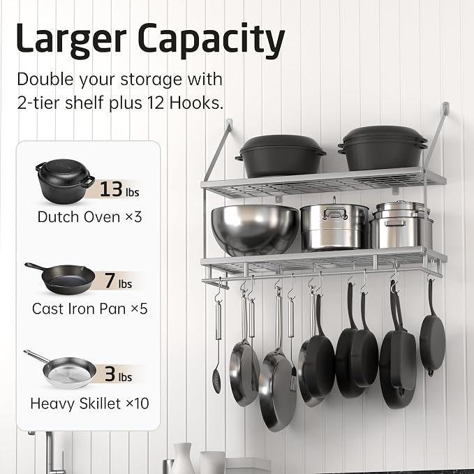 KES 30-Inch Silver Gray Pot Rack Wall Mounted, 100 Lbs Capacity | 2-Tier, Hanging Pot and Pan Organizer with 12 Sturdy Hooks, Kitchen Wall Hanger Shelves Modern, KUR215S75B-SG - Image 2
