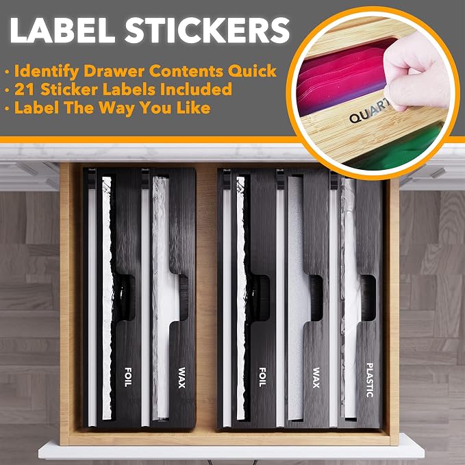 SpaceAid WrapNeat 3 in 1 Wrap Organizer with Cutter and Labels, Plastic Wrap, Aluminum Foil and Wax Bamboo Dispenser for Kitchen Storage Organization Holder for 12" Roll (Black) - Image 4