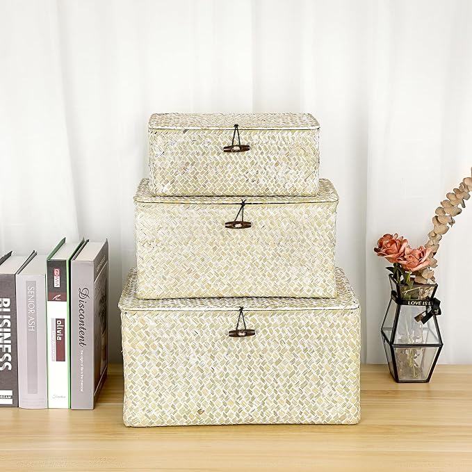 Hipiwe Wicker Shelf Baskets Bin with Lid, Large Seagrass Basket Storage Box | Handwoven Natural Baskets for Shelf Organizer, Rectangular Household Basket Boxes for Home Decor, Whitewash - Image 6
