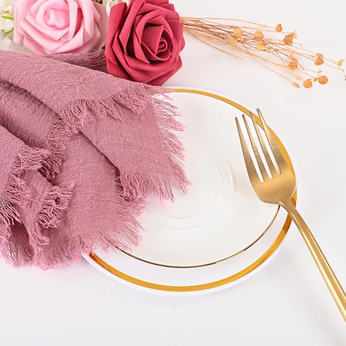 50 Pack Dusty Rose Cloth Napkins, 16 x 16 Inch Cotton with Fringe Settings | Handmade washable reusable cotton dinner napkins in bulk for weddings, parties, rustic boho table settings - Image 8
