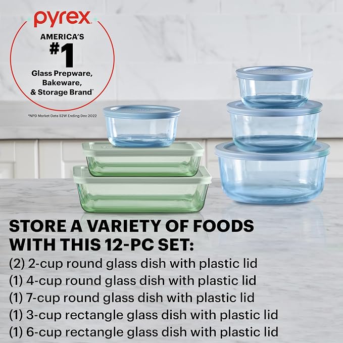 Pyrex Colors Tinted (12-PC Full Set) Small/Medium/Large Food Storage Container Set, Snug Fit Non-Toxic Plastic BPA-Free Lids, Freezer Dishwasher Microwave Safe, 3 Cup, 6 Cup & 11 Cup - Image 2