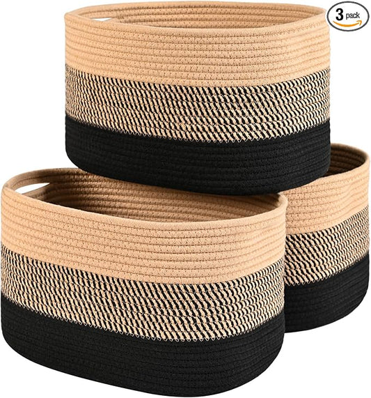 Cotton Rope Storage Baskets for Organizing 3Pack 15"x10"x9" Woven Baskets for Storage,Shelf Baskets Cube Storage Bins Towel Baskets,Toys Baskets Nursery Basket Laundry Baskets(Black/Brown) by HOMHOLDON