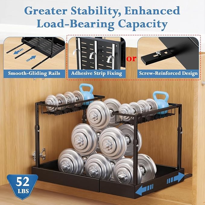 Aisslro Under Sink Organizer, 2 Tier Pull Out Cabinet Organizer, Expandable & Adjustable Slide Out Shelf 17.9''–29.5'', Under Sink Storage for Kitchen Bathroom Laundry Cabinet Storage, Black - Image 5