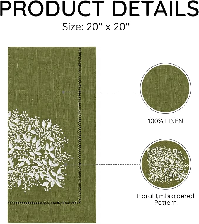 Cloth Napkins Set of 4, 20x20 inch, 100% Linen Hand Embroidered French Knot, Reusable & Machine Washable, Elegant Table Napkins for Dinner, Weddings, Parties (Lime) - Image 3
