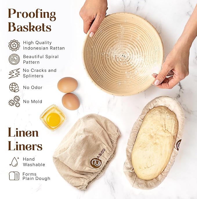 ABIOTO Sourdough Bread Baking Kit - 17-Piece Artisan Set with 10" Round & 11" Oval Rattan Baskets, Slings, Baking Mat, Bread Lame, Danish Whisk & Scrapers - Image 4