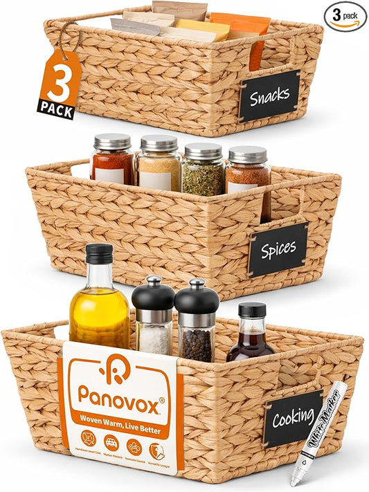 Pantry Baskets, 3 Pack Wicker Storage Baskets for Shelves, Natural | Water Hyacinth Baskets for Organizing, 3-Size Pantry Bins with Chalkboard and Marker for Shelf, Snack, Kitchen, Bathroom by Panovox
