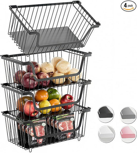 4 Pcs Stackable Wire Baskets Pantry Organizers and Storage Bins,Black | Breathable Metal Design with Rotating Handle,Idea for Potato Onion Fruit Snack Veggie Kitchen Countertop Freezer Organization by GAOKASE