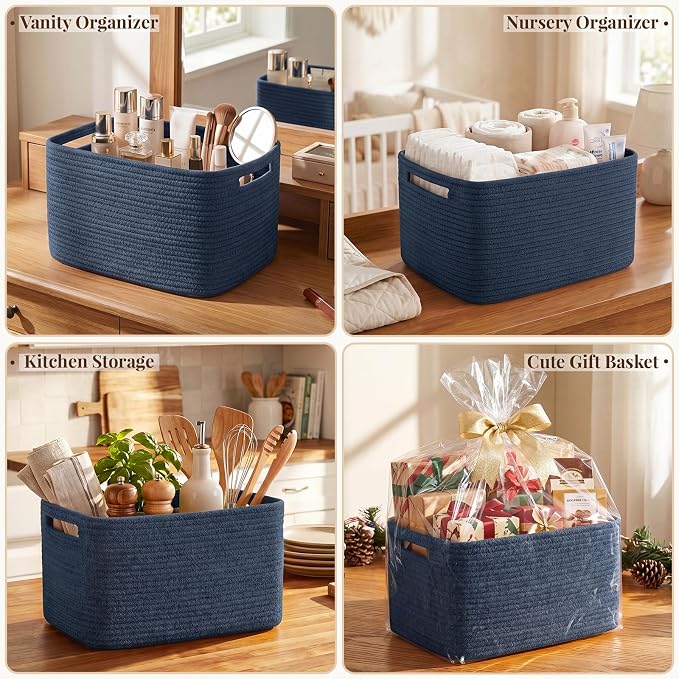OIASKET 4Packs Natural Cotton Rope Storage Baskets for Organizing Toys, Clothes, Towels & Books, Soft Versatile Organizers for Shelves, Home Decorative Bins, 13''Lx9''Wx7.8''H, Blue - Image 7