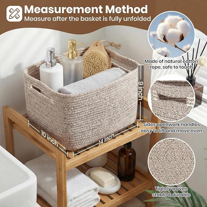 Storage Baskets for Organizing, 14 x 10 x 9” Closet Shelf Woven Baskets, Square Bins with Handles, Cotton Rope Basket for Clothes, Office, Room, Brown 4 Pack - Image 2