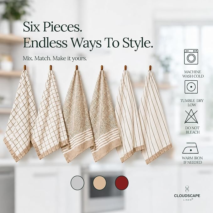 Cloud Scape Linen Premium Cotton Kitchen Towels Set - 6 Pack : Quick-Drying, Highly Absorbent, Durable, 18”x28”, Stripe Hand Towels with Hanging Loop, Dish Towel for Cleaning & Drying Dishes- Beige - Image 4