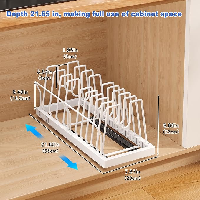 Mustorn Pots and Pans Organizer Under Cabinet, 21.6" Deep Pull Out Pot Lid Organizer Holder with Guardrail Adhesive Pot and Pan Holder Rack with 10 Adjustable Dividers-1 Pack(White) - Image 6