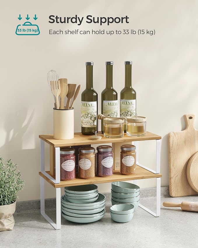 SONGMICS Cabinet Organizer Shelf, Set of 2 Kitchen Counter Shelves, Kitchen Storage, Spice Rack, Stackable, Expandable, Metal and Engineered Wood, Cloud White and Natural Beige UKCS200W01 - Image 4