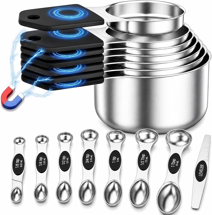 Magnetic Measuring Cups and Spoons Set, Strong N52 Magnets, Heavy Duty 304 Stainless Steel Fits in Spice Jars for Baking & Cooking, BPA Free, Round Set of 15 with Leveler Black by vfuni