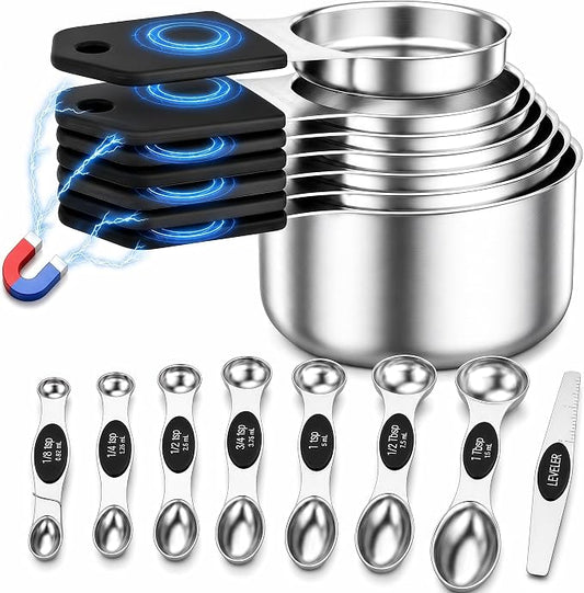 Magnetic Measuring Cups and Spoons Set, Strong N52 Magnets, Heavy Duty 304 Stainless Steel Fits in Spice Jars for Baking & Cooking, BPA Free, Round Set of 15 with Leveler Black by vfuni