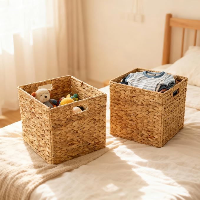 12x12in Storage Baskets,Set of 4 Water Hyacinth Baskets,Wicker Cube Baskets Laundry Organizer,Foldable Handwoven Storage Cubes,for Cube Shelf,Collapsible Laundry Baskets Pantry,Living Room,Bedroom - Image 4