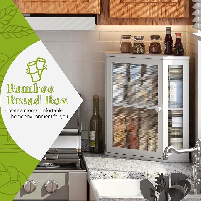 BMOSU Corner Bread Box for Kitchen Countertop Double Layer Bamboo Wooden Bread box Large Capacity Bread Storage Bin(White, Extra Large) - Image 2