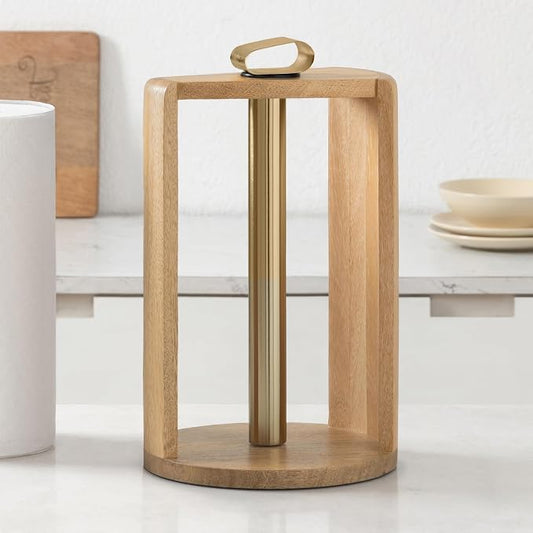 Anji Mountain Wooden Paper Towel Holder with Metal Holder, Holder Stand for Kitchen Roll Organizer & Kitchen Dining Table Home Décor, Countertop Fits Jumbo & Mega Rolls - Mango/Gold, Top Load by AnjiMountain