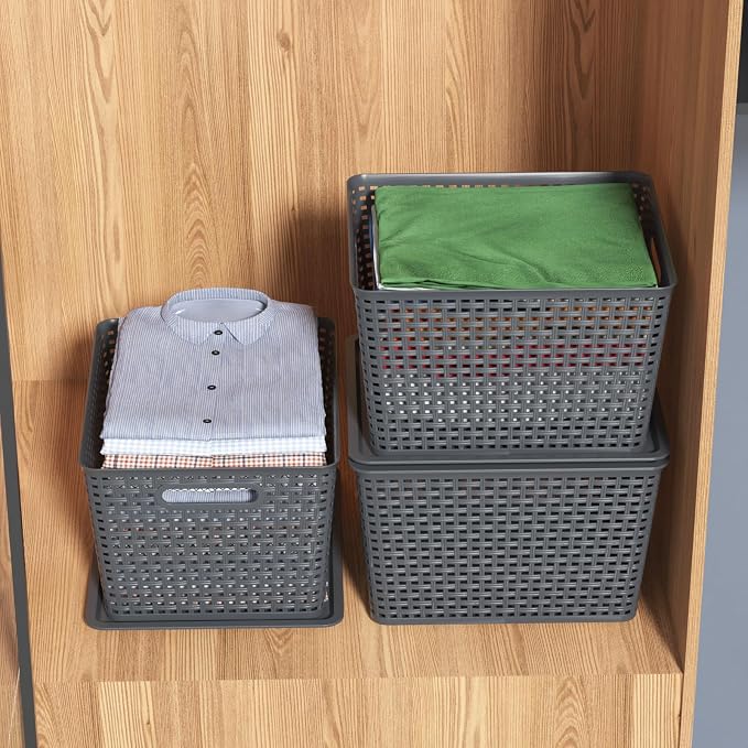 6-Pack Large Plastic Storage Baskets with Lid, Stackable Bins | 13.98" x 11.57" x 8.66", Organizer Bins for Office, Bathroom, Kitchen, Pantry, Gray - Image 6