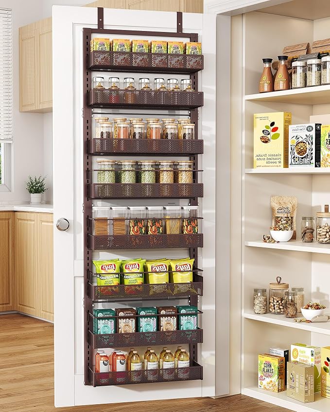 SNTD 8 Tiers Over the Door Organizer, 17" W x 6" D x 69" H, Bronze | Pantry Door Organizers and Storage, Height Adjustable Spice Rack, Dense Mesh Baskets, Anti-Swing, Adjustable Door Fastener by SNTD