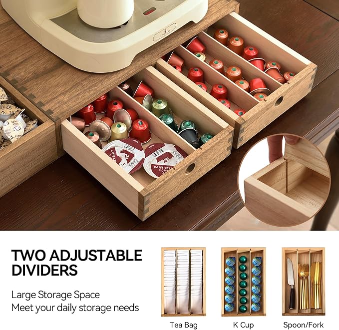 KIRIGEN Wooden Coffee Station Organizer with Drawers, K Cup Holder, Brown | 2 Piece Solid Wood Set Storage Box Holds 40+ Pods, Tea Bags, Sugar with Modular Storage for Counters and Coffee Bars - Image 4
