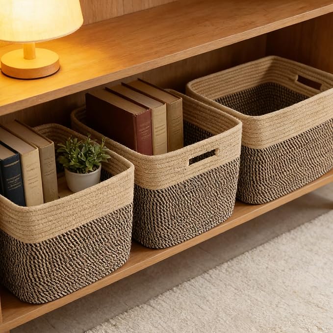 3 Pack Woven Baskets,Storage Baskets for Shelves with Handles | 13.5"×11"×9.5", Closet Baskets, Nursery Organizer for Toys Towels Books, Storage Bin for Living Room Bedroom (Jute & Black) - Image 6